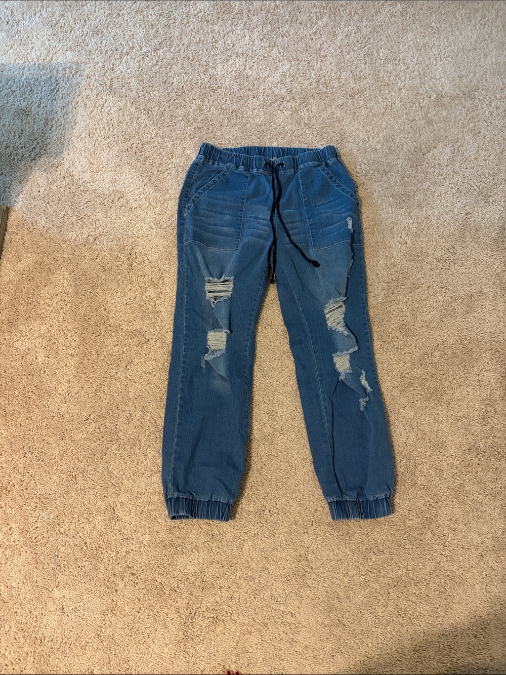 Ripped Denim Jogger Pants - Blue